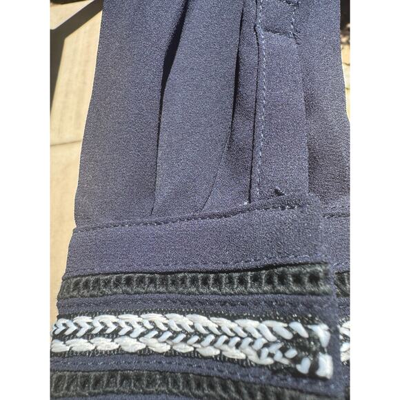 Greylin Split Neck Long Sleeve Crochet Trim Hook & Eye Chiffon Blouse Navy - Picture 6 of 7